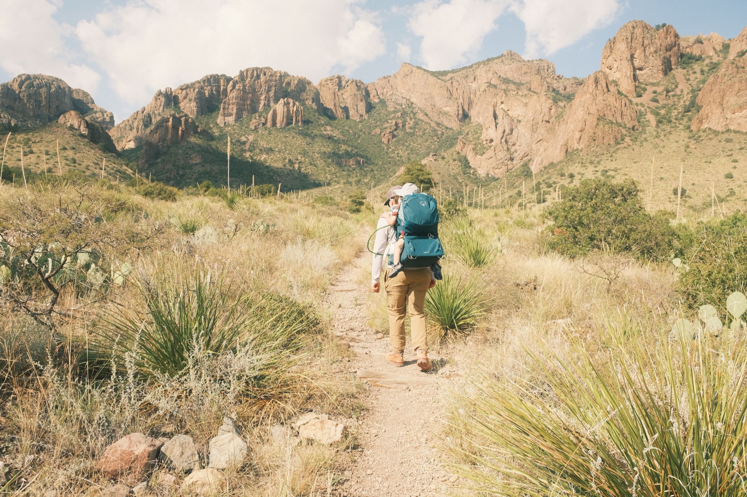 Hiking into the Chisos Basin, Big Bend National Park, with a child carrier
