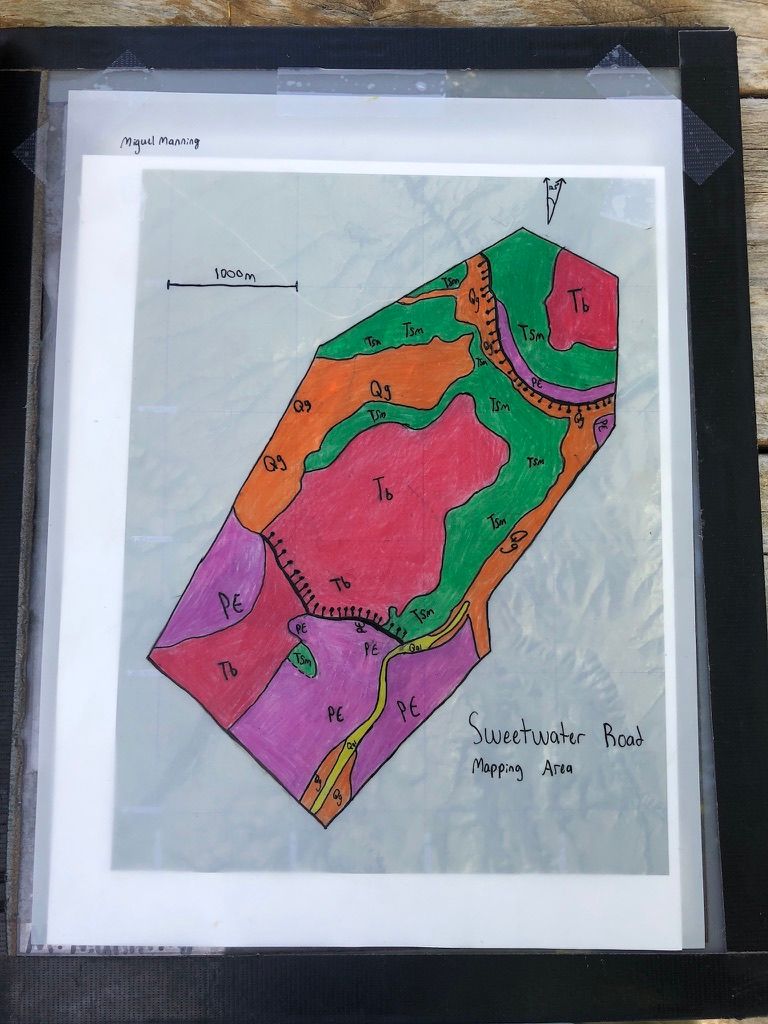 Hand-coloured geologic map of the Sweetwater Road mapping area