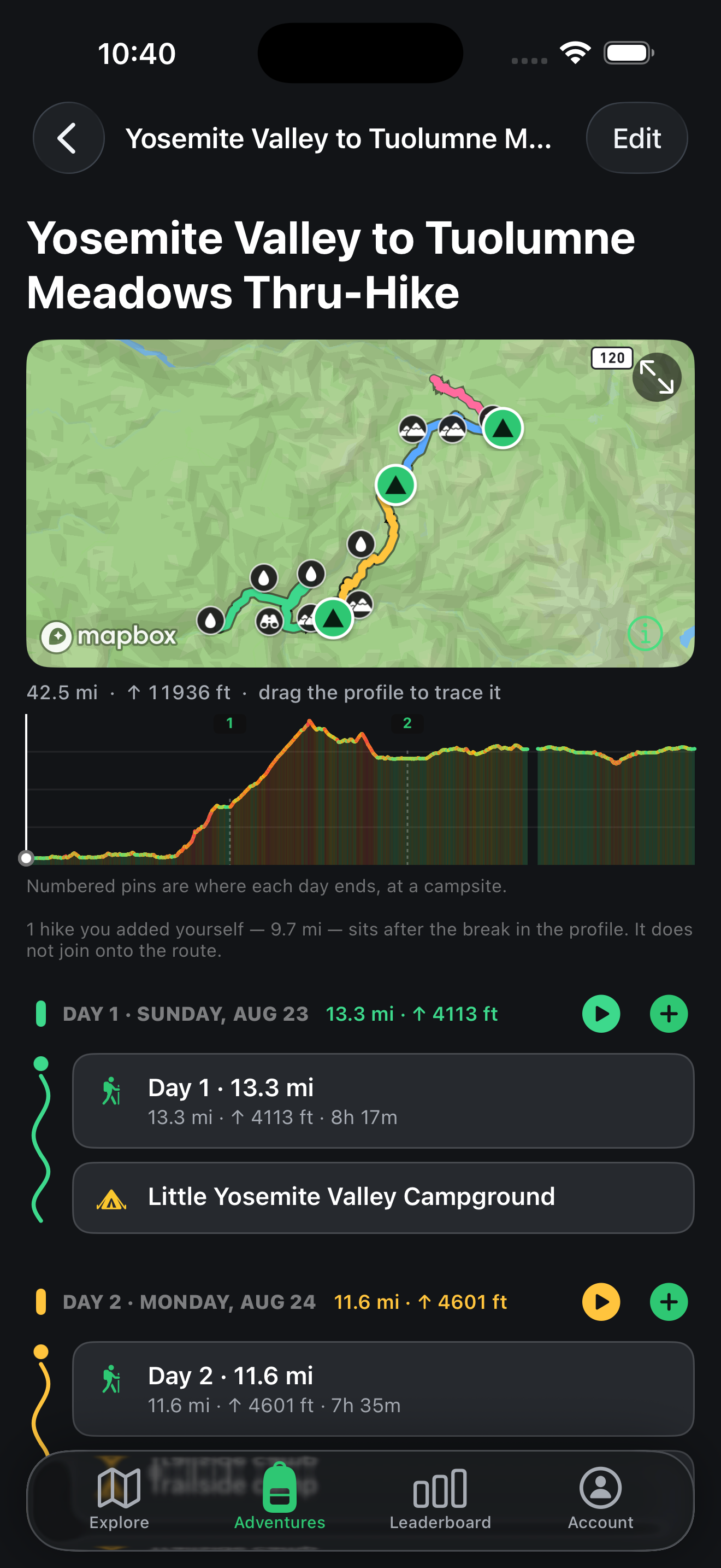 The Yosemite Valley to Tuolumne Meadows thru-hike split into days, with the overview map, elevation profile and per-day cards