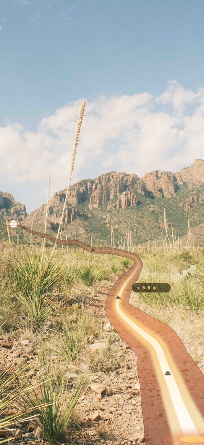 3D AR navigation view: the trail ahead with the amber guidance ribbon drawn onto it